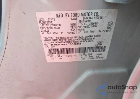 2013 Ford Edge Sport z USA, uszkodzony, nr VIN 2FMDK3AK4DBC66165